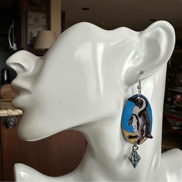 African jack ass penguins handpainted Earrings lightweight sterling silver OOAK - Picture 3 of 5